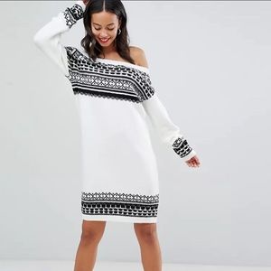 ASOS DESIGN Fair Isle Holiday Knit Sweater Dress Off-Shoulder Shape Cream &Black
